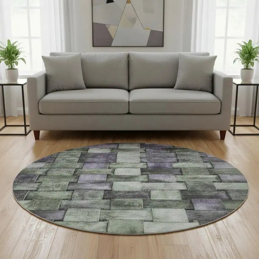 8' Sage And Lavender Striped Washable Round Rug With UV Protection Photo 2