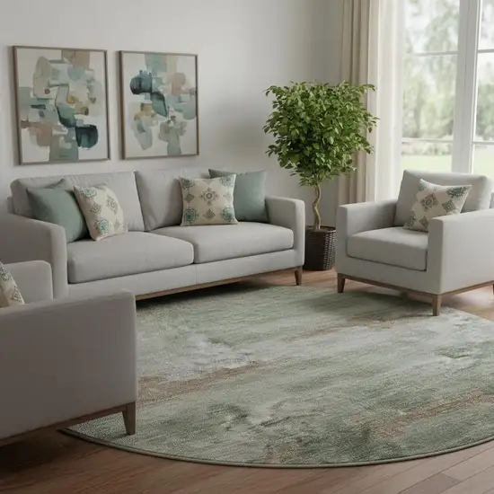 8' Sage And Linen Abstract Washable Round Rug With UV Protection Photo 2