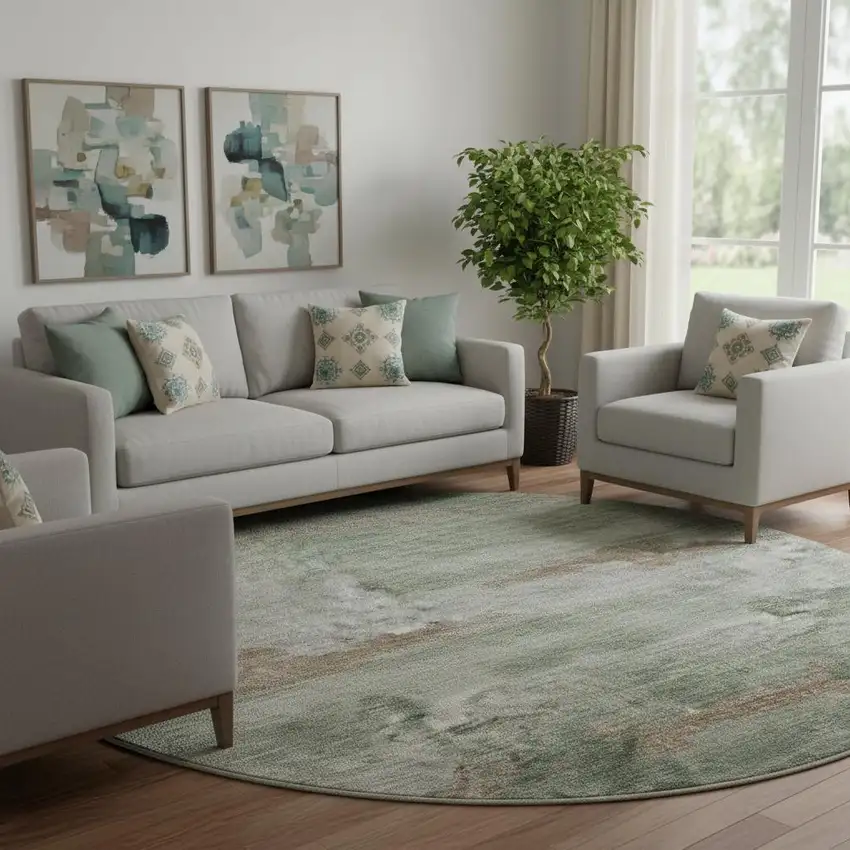 8' Sage And Linen Abstract Washable Round Rug With UV Protection Photo 2