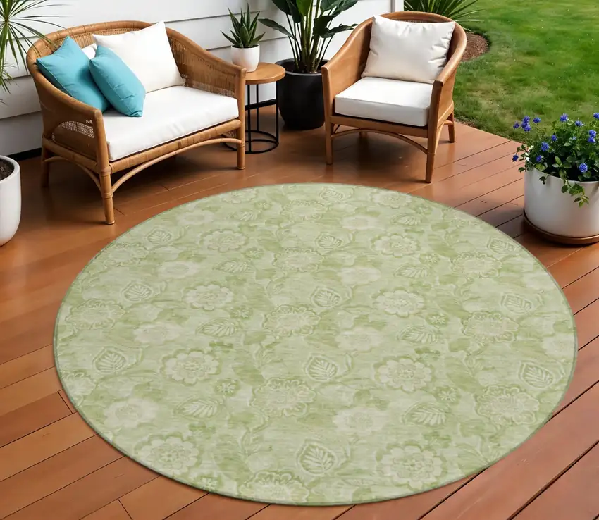 8' Sage And Mint Green Round Floral Washable Indoor Outdoor Area Rug Photo 2