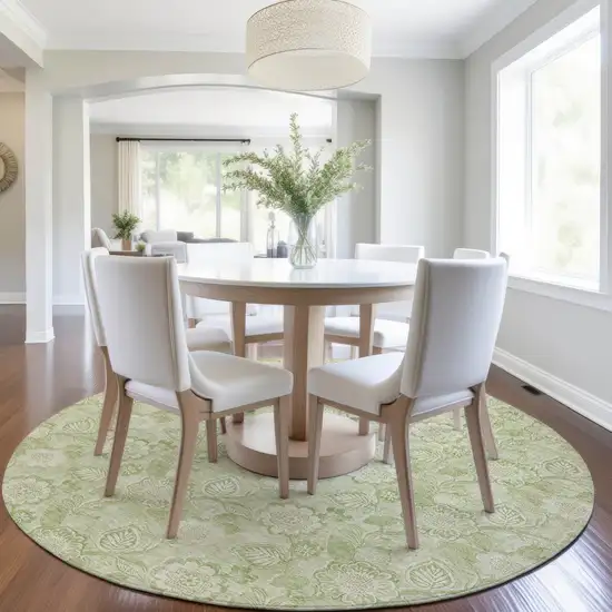 8' Sage And Mint Green Round Floral Washable Indoor Outdoor Area Rug Photo 6