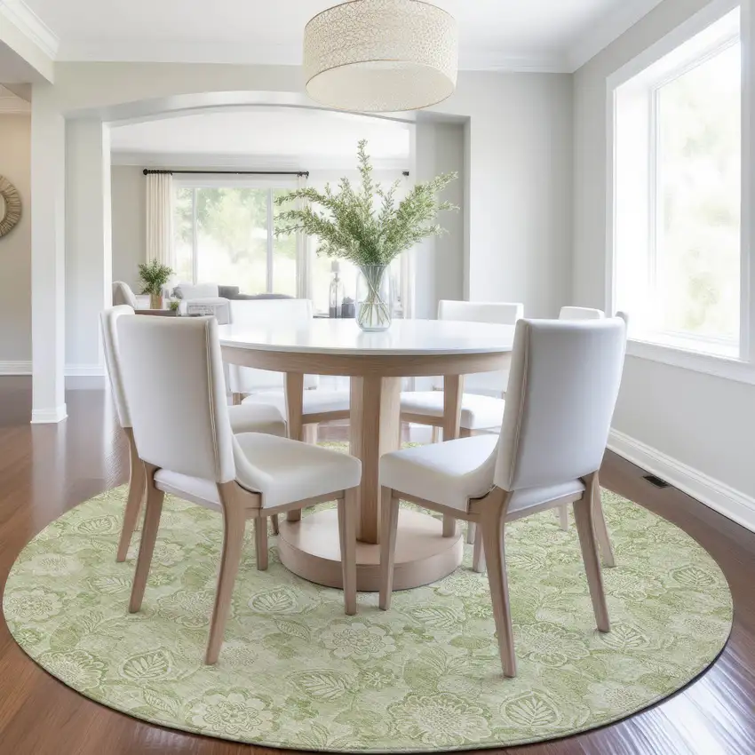 8' Sage And Mint Green Round Floral Washable Indoor Outdoor Area Rug Photo 6