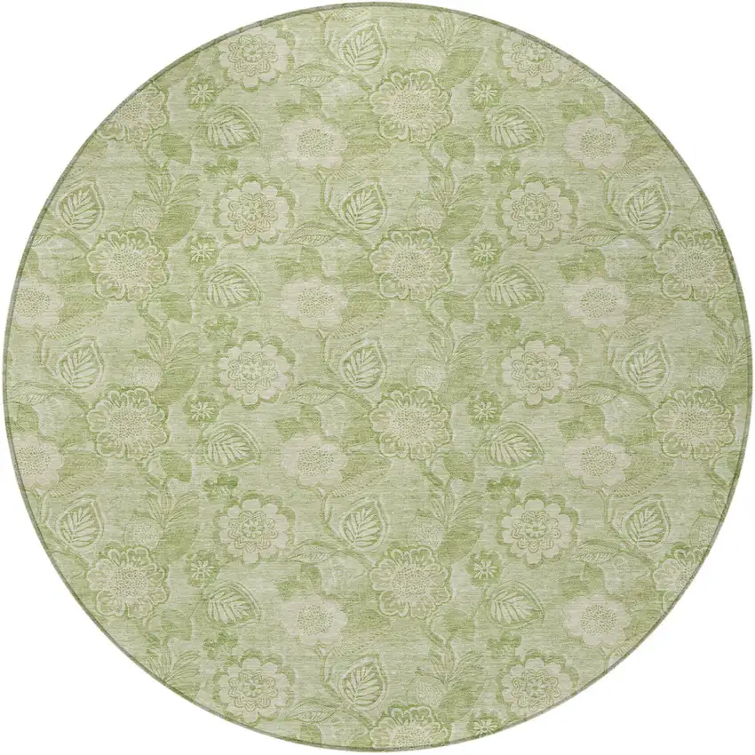 8' Sage And Mint Green Round Floral Washable Indoor Outdoor Area Rug Photo 3
