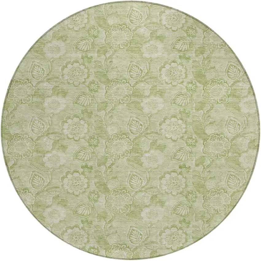 8' Sage And Mint Green Round Floral Washable Indoor Outdoor Area Rug Photo 1