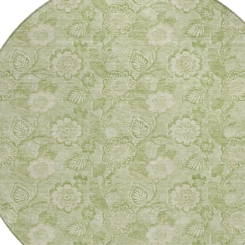 8' Sage And Mint Green Round Floral Washable Indoor Outdoor Area Rug Photo 4
