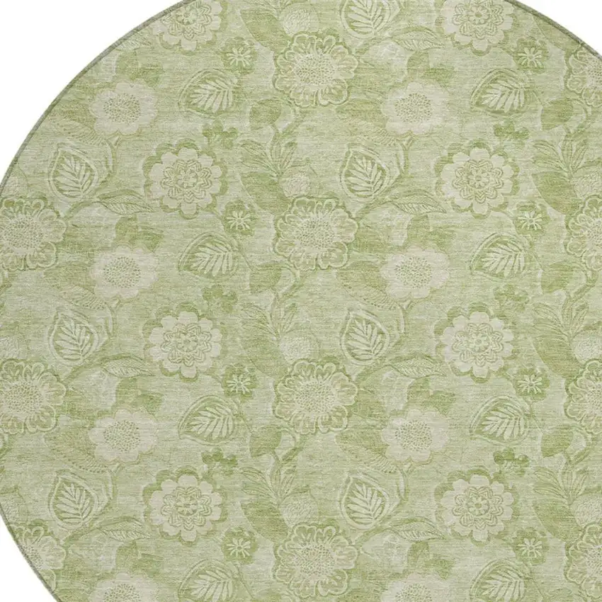 8' Sage And Mint Green Round Floral Washable Indoor Outdoor Area Rug Photo 8