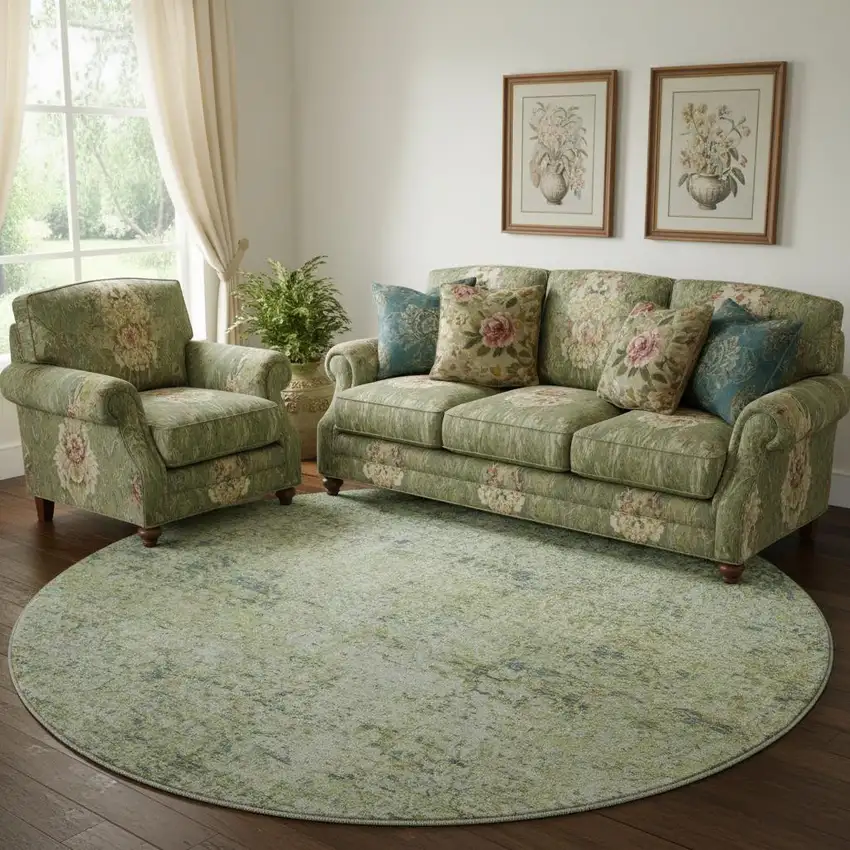 8' Sage And Olive Green Abstract Washable Round Rug With UV Protection Photo 2