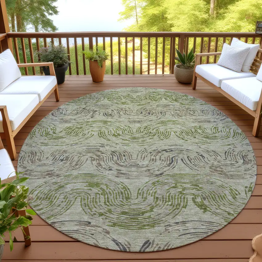 8' Sage And Olive Green Round Abstract Washable Indoor Outdoor Area Rug Photo 4