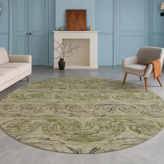 8' Sage And Olive Green Round Abstract Washable Indoor Outdoor Area Rug Photo 5
