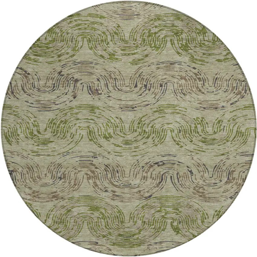 8' Sage And Olive Green Round Abstract Washable Indoor Outdoor Area Rug Photo 1