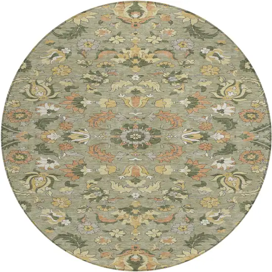8' Sage And Olive Green Round Floral Medallion Washable Indoor Outdoor Area Rug Photo 2