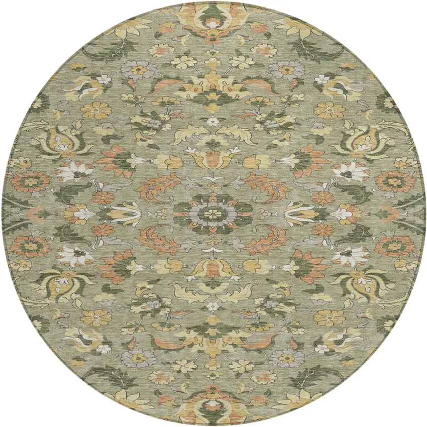 8' Sage And Olive Green Round Floral Medallion Washable Indoor Outdoor Area Rug Photo 2