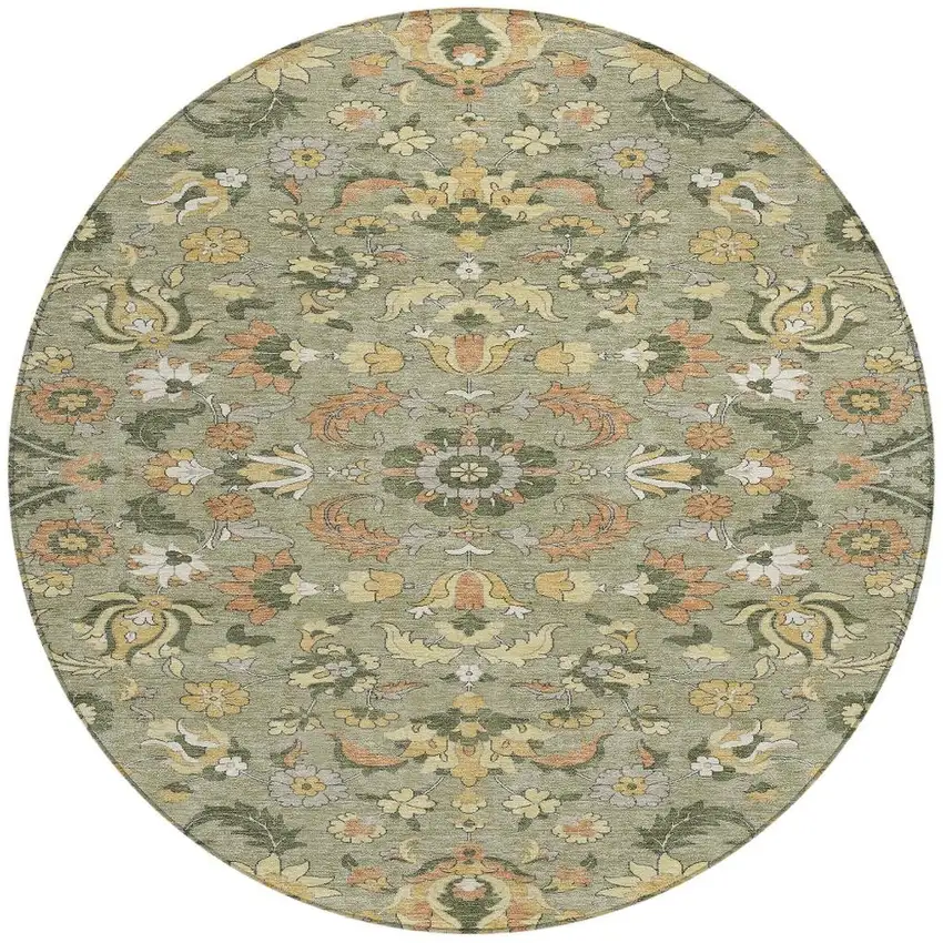 8' Sage And Olive Green Round Floral Medallion Washable Indoor Outdoor Area Rug Photo 3