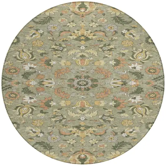 8' Sage And Olive Green Round Floral Medallion Washable Indoor Outdoor Area Rug Photo 3