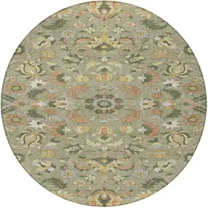 Photo of 8' Sage And Olive Green Round Floral Medallion Washable Indoor Outdoor Area Rug