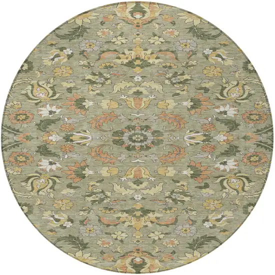 8' Sage And Olive Green Round Floral Medallion Washable Indoor Outdoor Area Rug Photo 1