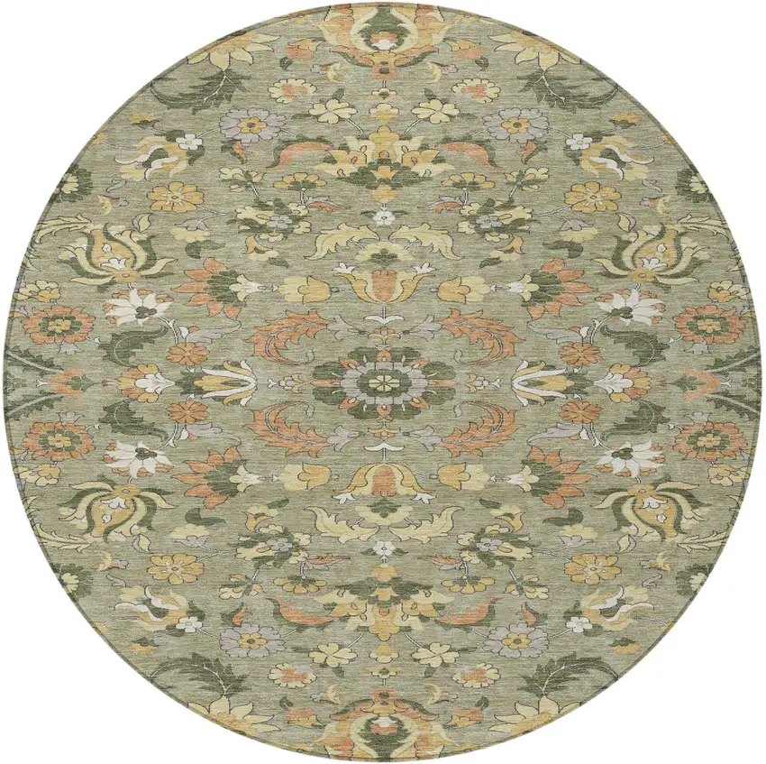 8' Sage And Olive Green Round Floral Medallion Washable Indoor Outdoor Area Rug Photo 1