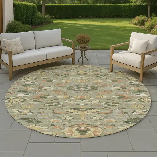 8' Sage And Olive Green Round Floral Medallion Washable Indoor Outdoor Area Rug Photo 4