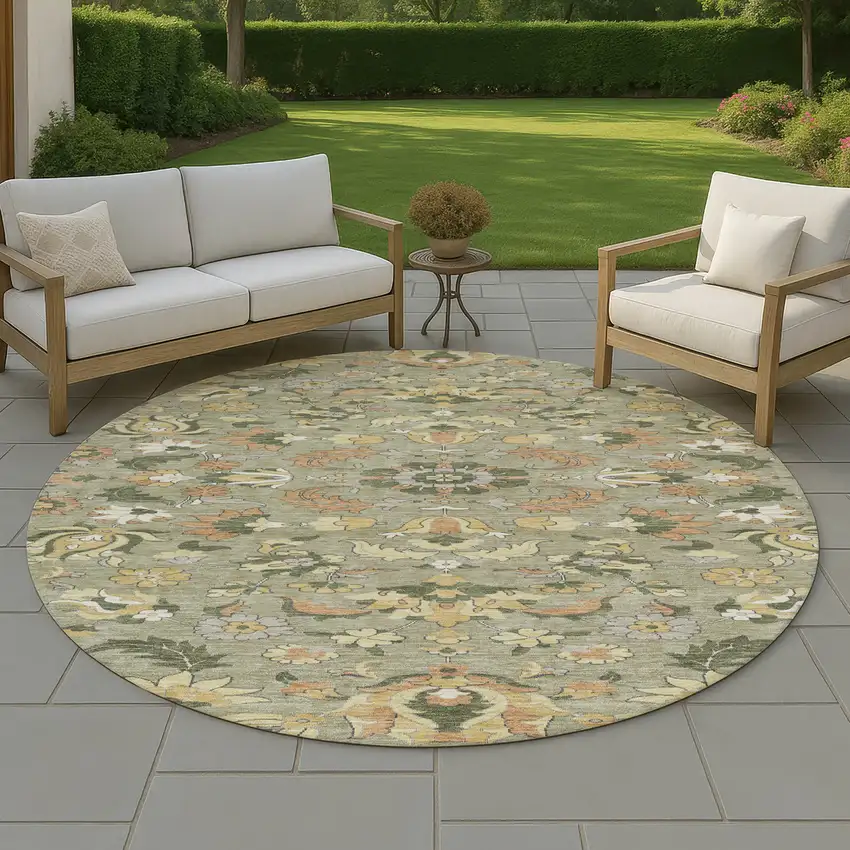 8' Sage And Olive Green Round Floral Medallion Washable Indoor Outdoor Area Rug Photo 4