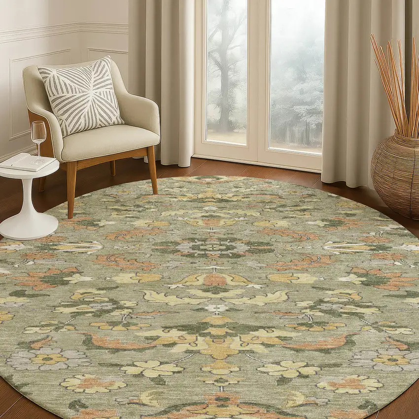 8' Sage And Olive Green Round Floral Medallion Washable Indoor Outdoor Area Rug Photo 5