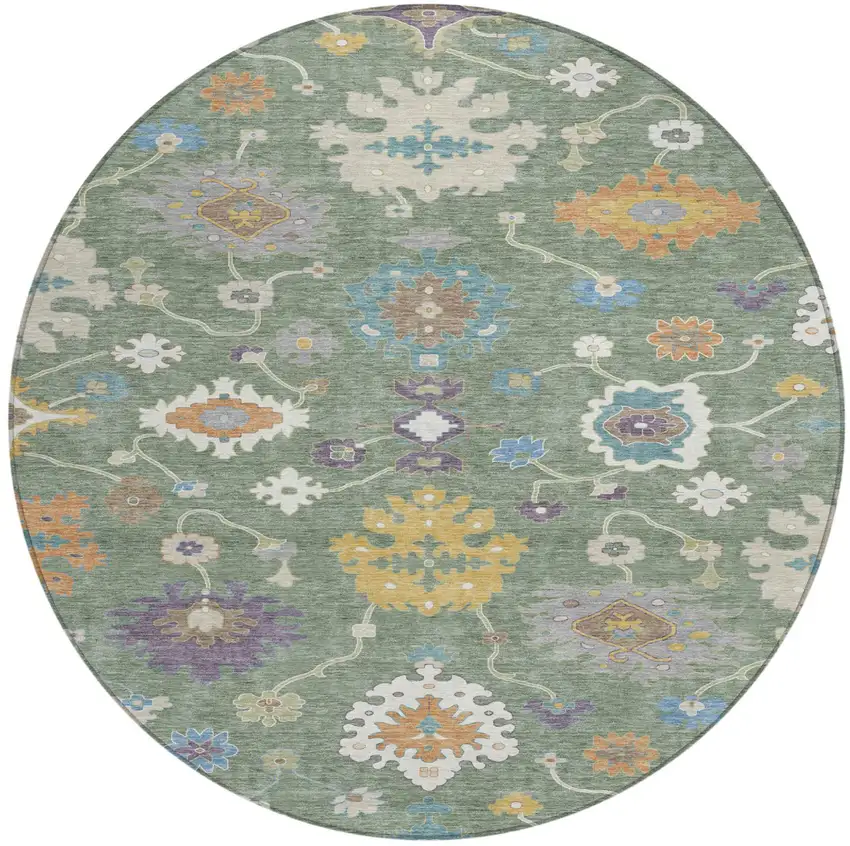 8' Sage And Orange Round Oriental Washable Indoor Outdoor Area Rug Photo 2