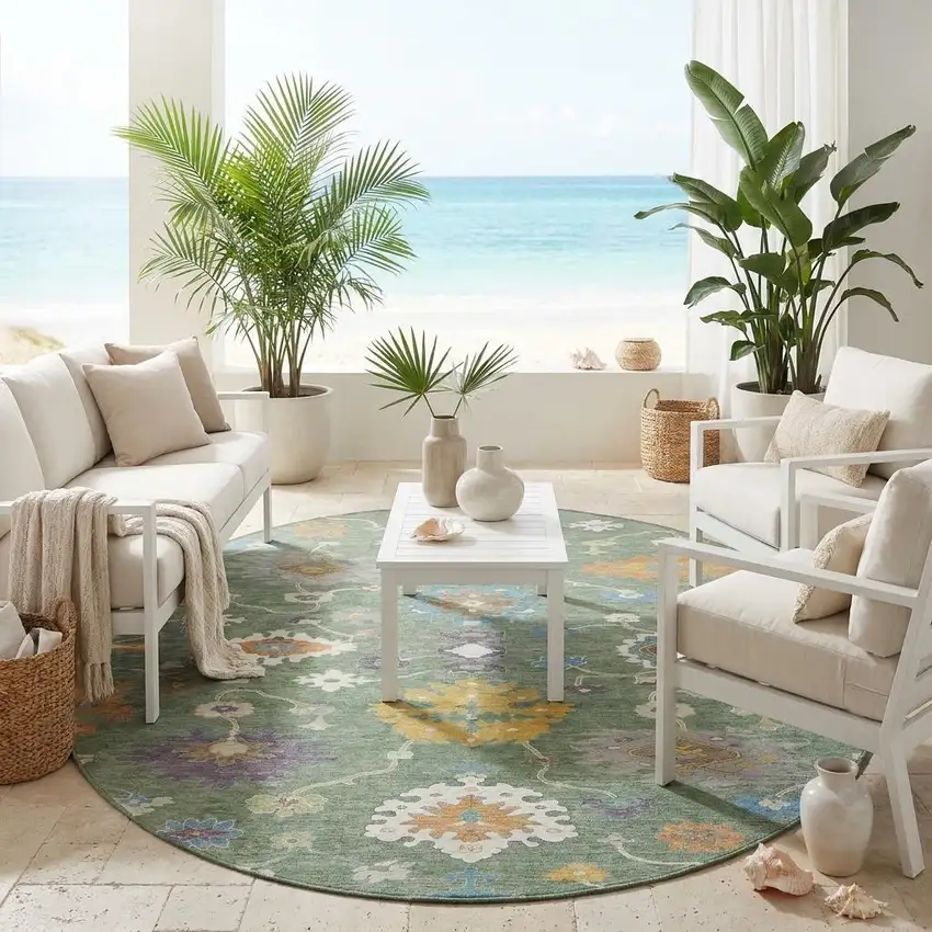 8' Sage And Orange Round Oriental Washable Indoor Outdoor Area Rug Photo 1