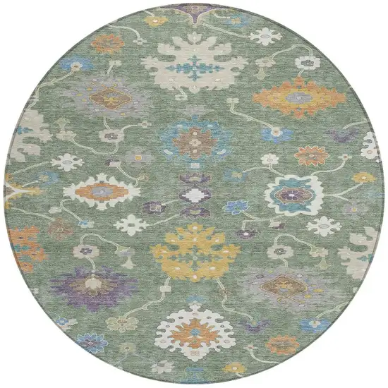 8' Sage And Orange Round Oriental Washable Indoor Outdoor Area Rug Photo 4