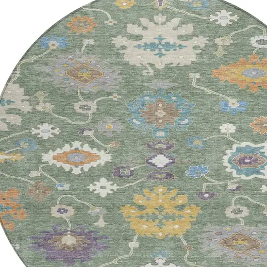 8' Sage And Orange Round Oriental Washable Indoor Outdoor Area Rug Photo 3