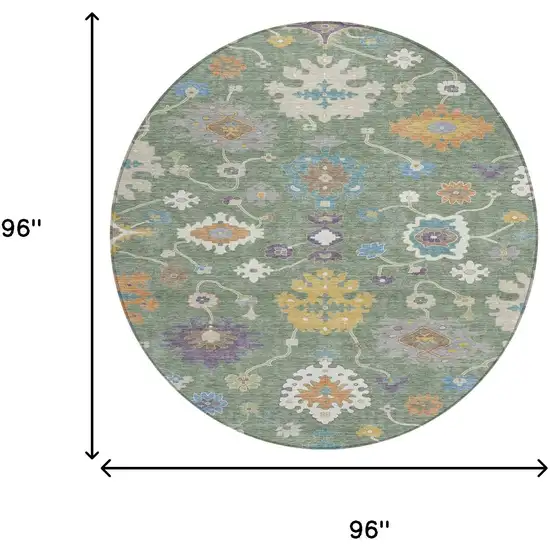 8' Sage And Orange Round Oriental Washable Indoor Outdoor Area Rug Photo 7