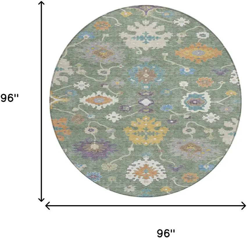 8' Sage And Orange Round Oriental Washable Indoor Outdoor Area Rug Photo 7