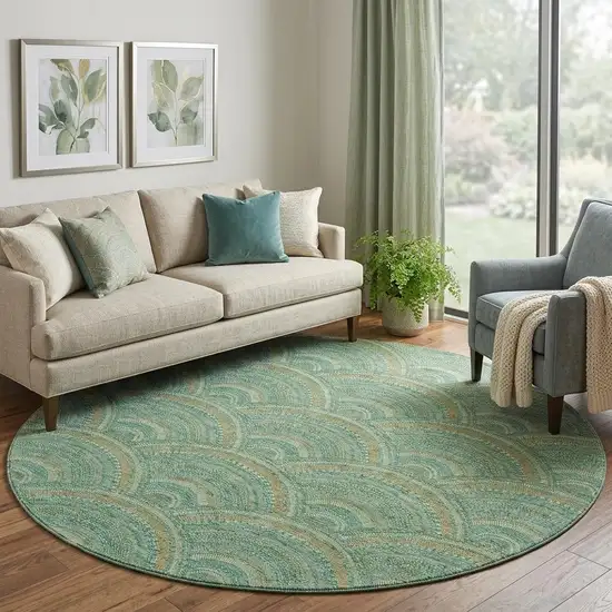 8' Sage And Peach Geometric Washable Round Rug With UV Protection Photo 1