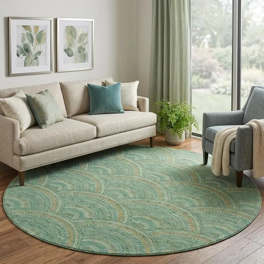 8' Sage And Peach Geometric Washable Round Rug With UV Protection Photo 1