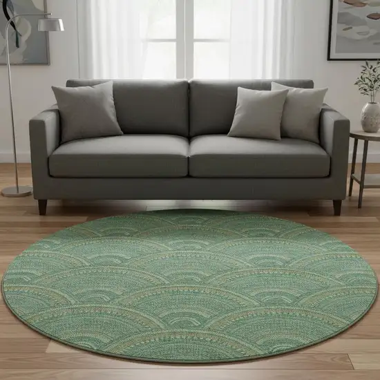 8' Sage And Peach Geometric Washable Round Rug With UV Protection Photo 2