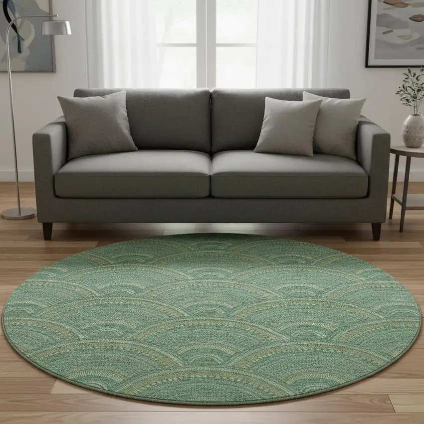 8' Sage And Peach Geometric Washable Round Rug With UV Protection Photo 2
