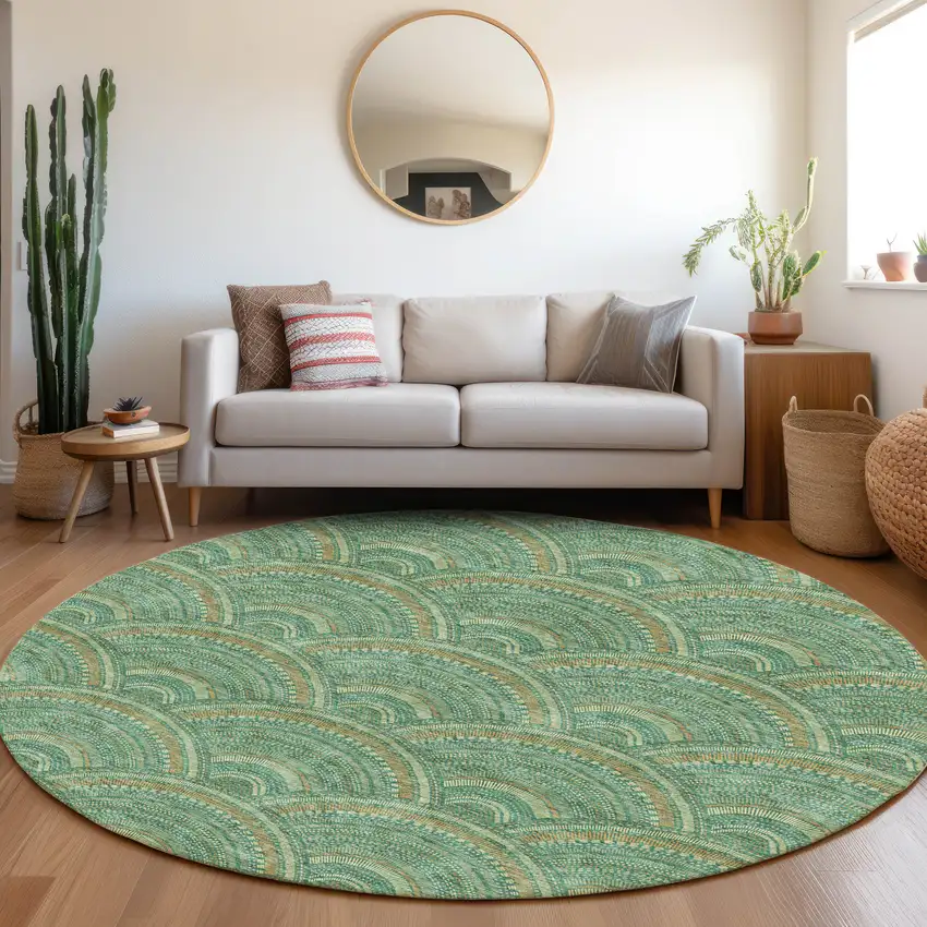 8' Sage And Peach Geometric Washable Round Rug With UV Protection Photo 3