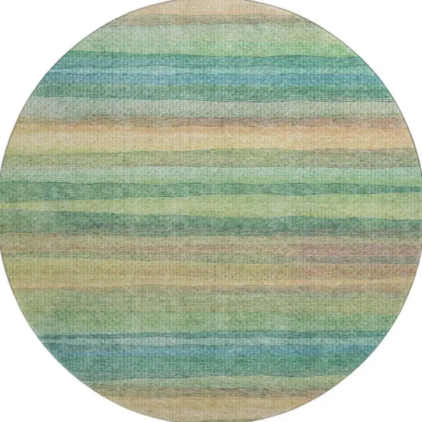 8' Sage And Peach Striped Washable Round Rug With UV Protection Photo 4