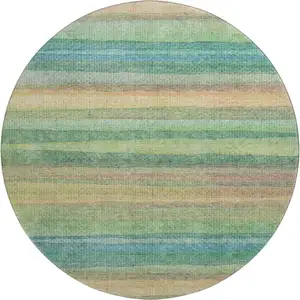 Photo of 8' Sage And Peach Striped Washable Round Rug With UV Protection