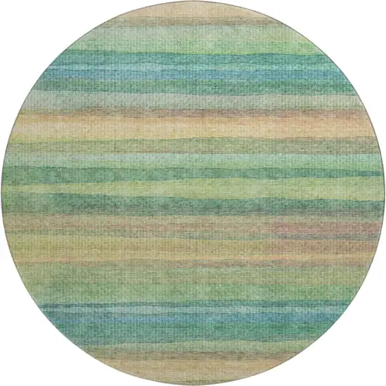 8' Sage And Peach Striped Washable Round Rug With UV Protection Photo 1