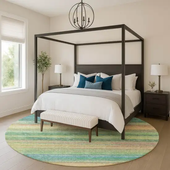 8' Sage And Peach Striped Washable Round Rug With UV Protection Photo 5