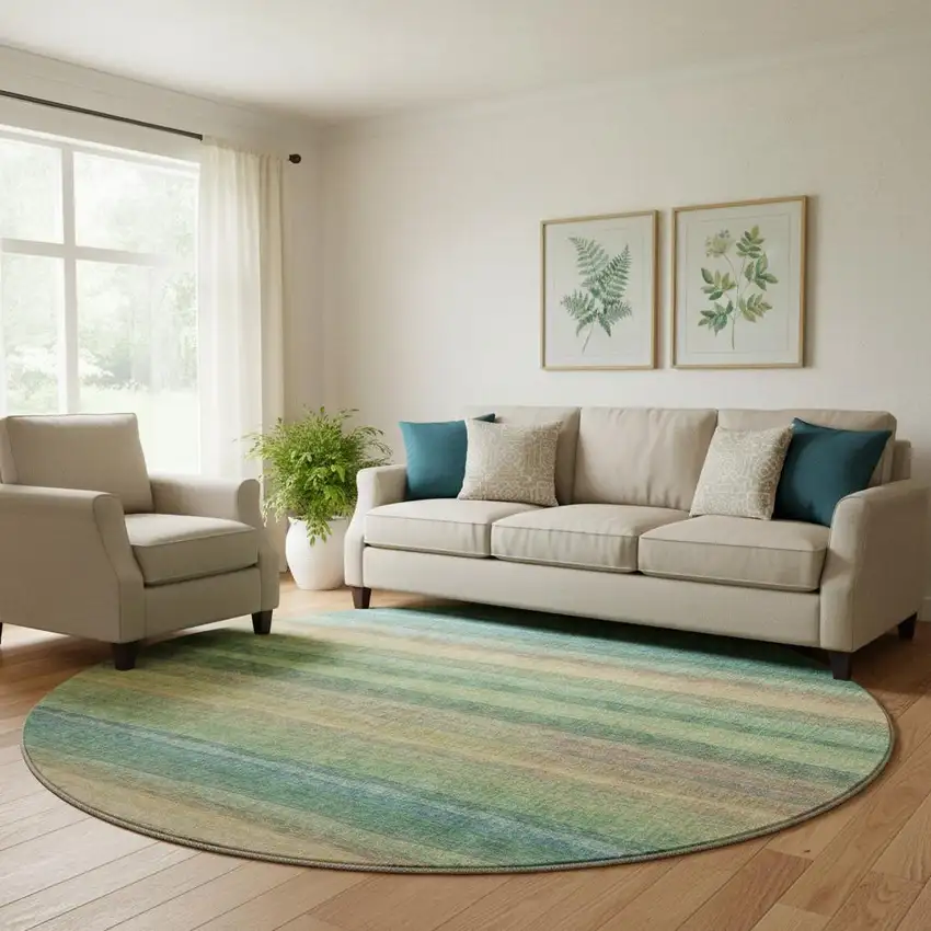 8' Sage And Peach Striped Washable Round Rug With UV Protection Photo 2