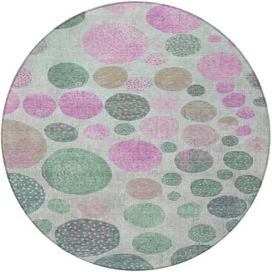 8' Sage And Pink Round Geometric Washable Indoor Outdoor Area Rug Photo 3