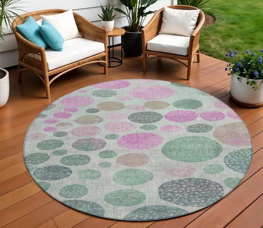 8' Sage And Pink Round Geometric Washable Indoor Outdoor Area Rug Photo 2