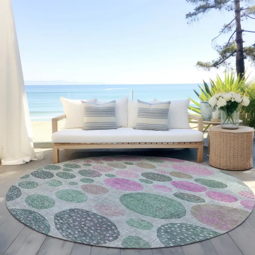 8' Sage And Pink Round Geometric Washable Indoor Outdoor Area Rug Photo 5