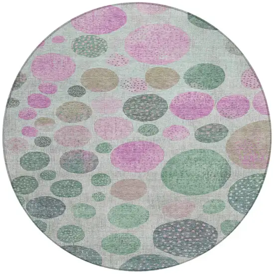 8' Sage And Pink Round Geometric Washable Indoor Outdoor Area Rug Photo 4