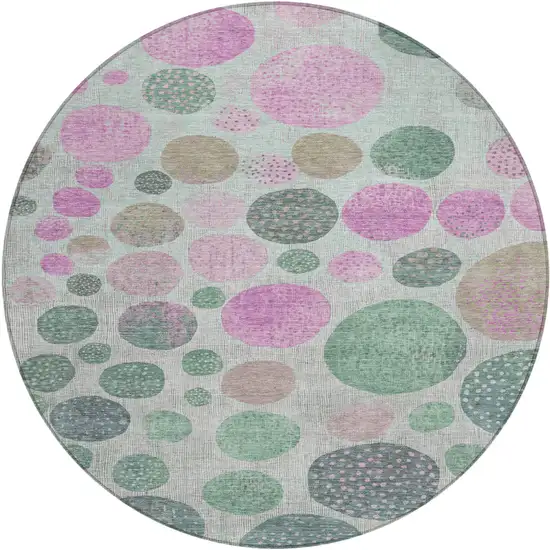 8' Sage And Pink Round Geometric Washable Indoor Outdoor Area Rug Photo 1