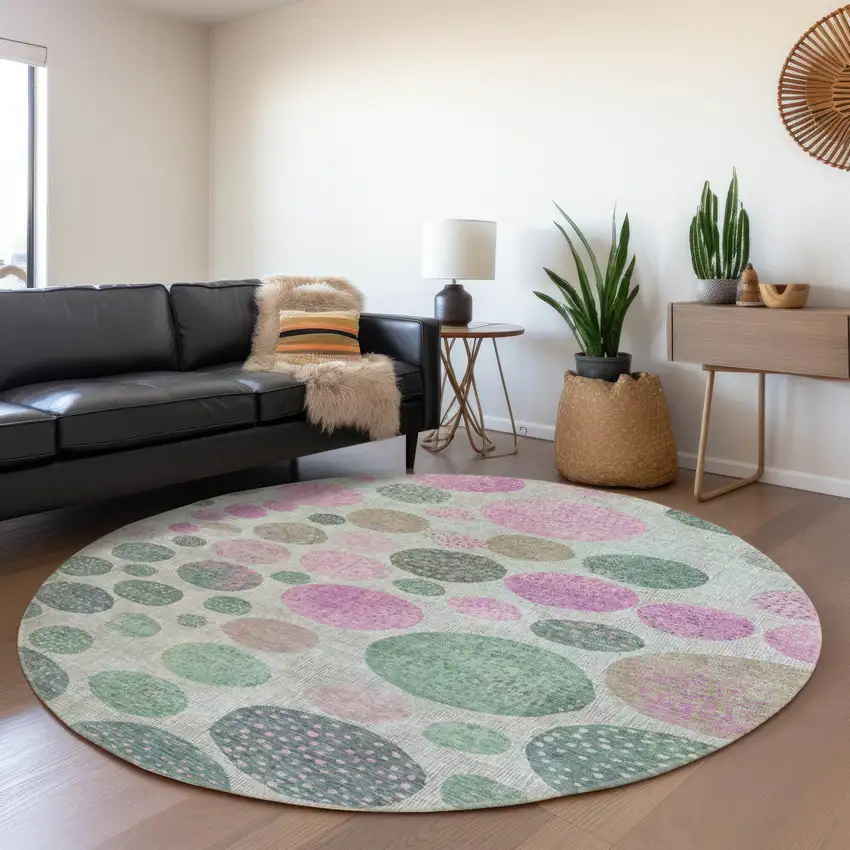 8' Sage And Pink Round Geometric Washable Indoor Outdoor Area Rug Photo 6