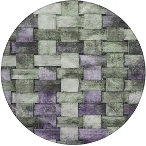 Photo of 8' Sage And Purple Round Striped Washable Indoor Outdoor Area Rug