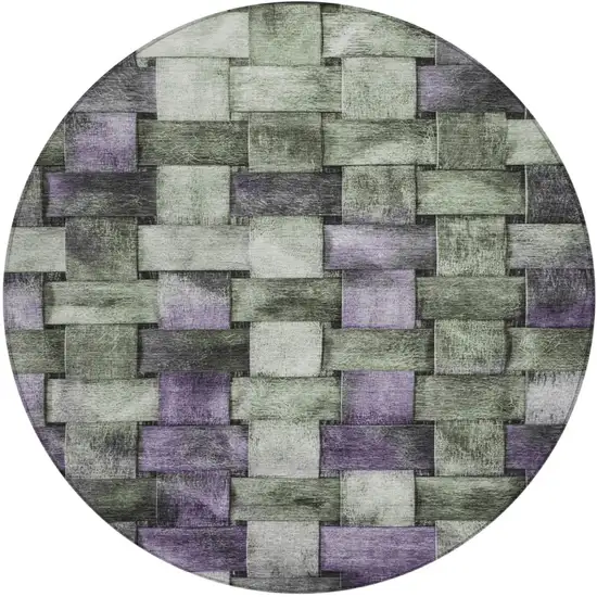 8' Sage And Purple Round Striped Washable Indoor Outdoor Area Rug Photo 1