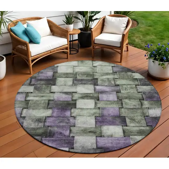 8' Sage And Purple Round Striped Washable Indoor Outdoor Area Rug Photo 2