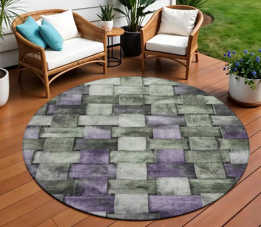 8' Sage And Purple Round Striped Washable Indoor Outdoor Area Rug Photo 2